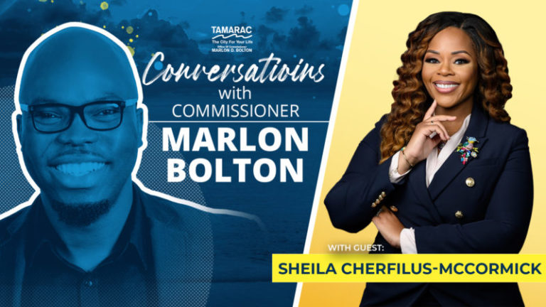 Congresswoman Sheila Cherfilus McCormick talks with Vice Mayor Marlon Bolton on accomplishments